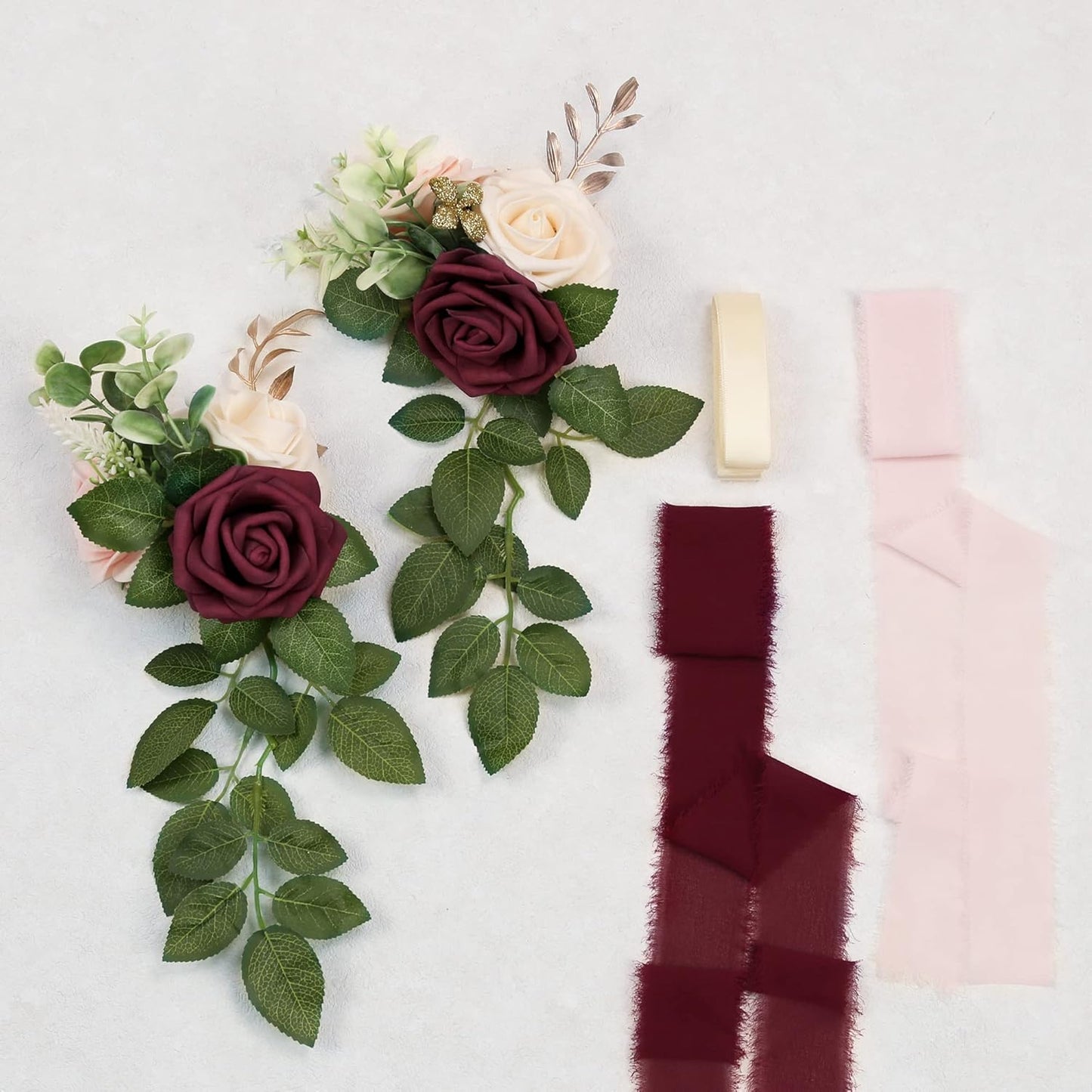 Wedding Aisle Decorations for Wedding Ceremony Set of 10 Pew Flowers for Church Chair Decorations Party Decor with Artificial Flowers Eucalyptus and Ribbons Burgundy