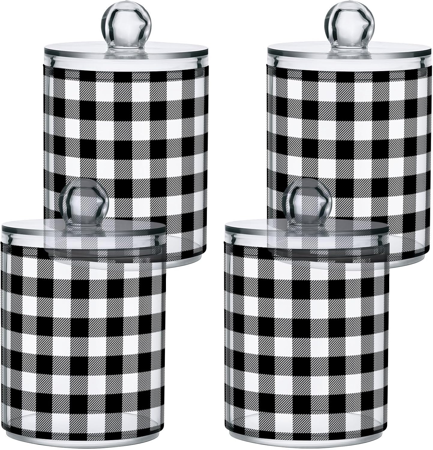 Gredecor Qtip Holder Dispenser 4 Pack Black White Classic Buffalo Plaid Apothecary Jars with Lids Bathroom Vanity Countertop Canister Storage Organizer for Cotton Ball,Swabs,Pads,Floss