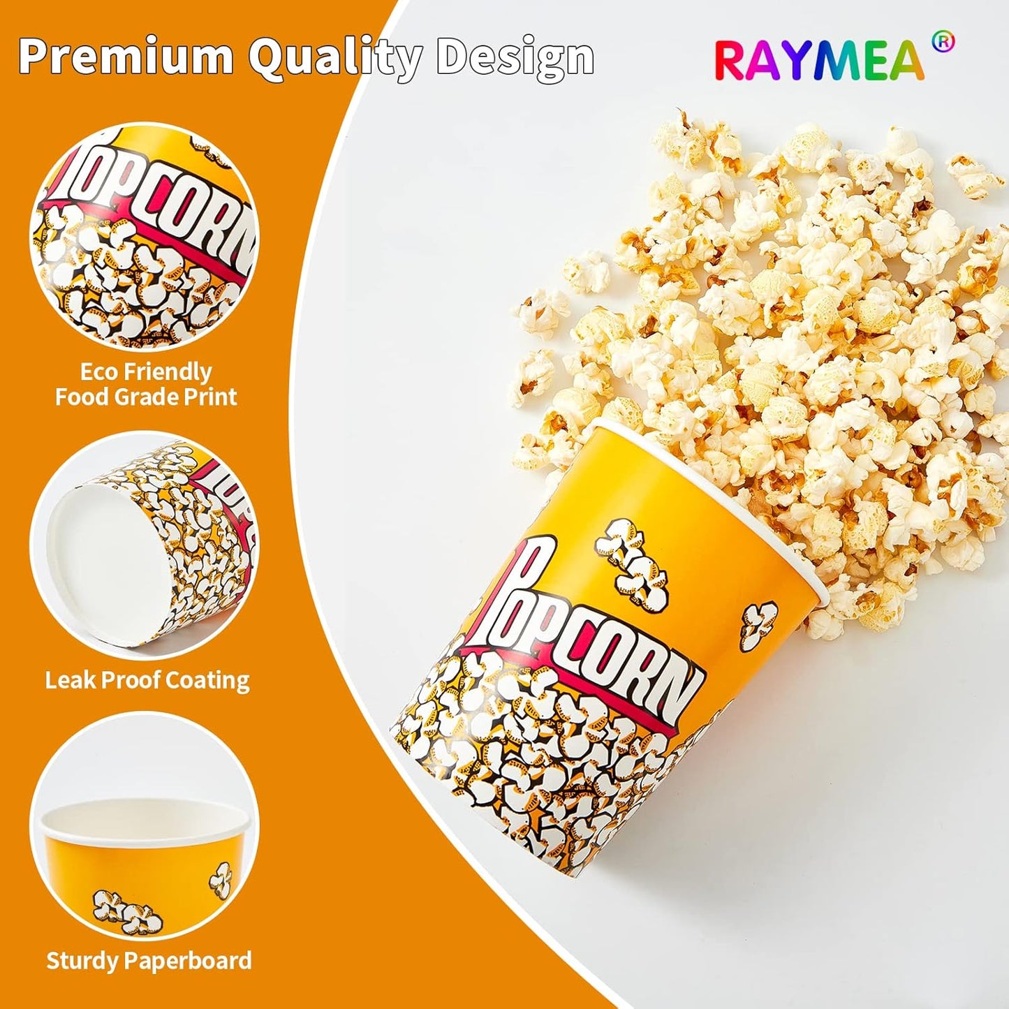 RAYMEA Popcorn Buckets Disposable 32oz Retro Style Paper 25 Pack Leak Proof Popcorn Containers Bowls for Family Movie Night & Party