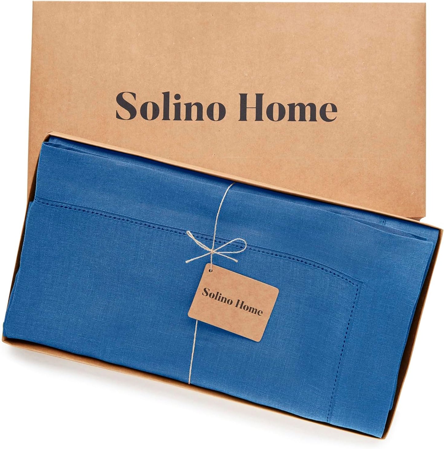 Solino Home Linen Tablecloth 60 x 120 Inch - Classic Hemstitch 100% Pure Linen Indigo Blue Table Cloth for Rectangle Tables - Machine Washable Tablecloth for Fall, Autumn