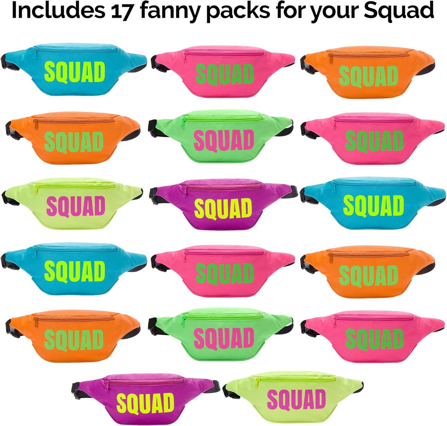 Bachelorette 80s Fanny Pack Set | 18 Pack | 1 Bride Fanny Pack and 17 Squad Fanny Packs | Bachelorette Party Favors