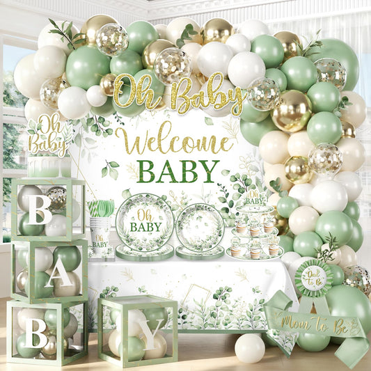 Fexivo Sage Green Baby Shower Decorations Set,Serves 25 Guests