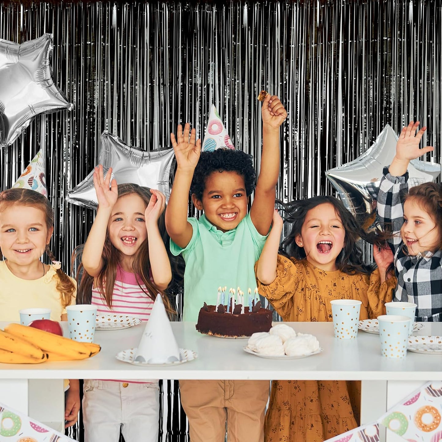 RUBFAC 2 Pack Black Backdrop Party Decorations Tinsel Foil Fringe Curtains Photo Booth Streamer for Halloween Party Decorations New Year Bachelorette Wedding Engagement Birthday Holiday Party Supplies