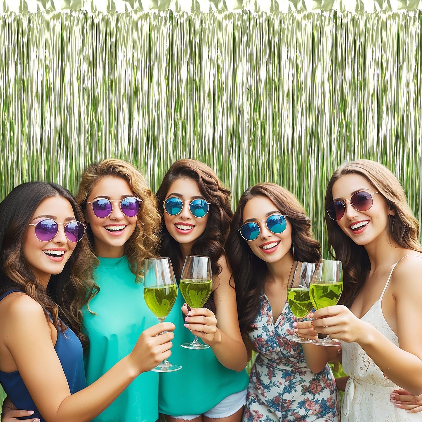 GOER 3.2 ft x 8.2 ft Metallic Tinsel Foil Fringe Curtains Party Photo Backdrop Party Streamers for Birthday,Graduation,New Year Eve Decorations Wedding Decor (5 Pcs,Sage Green)