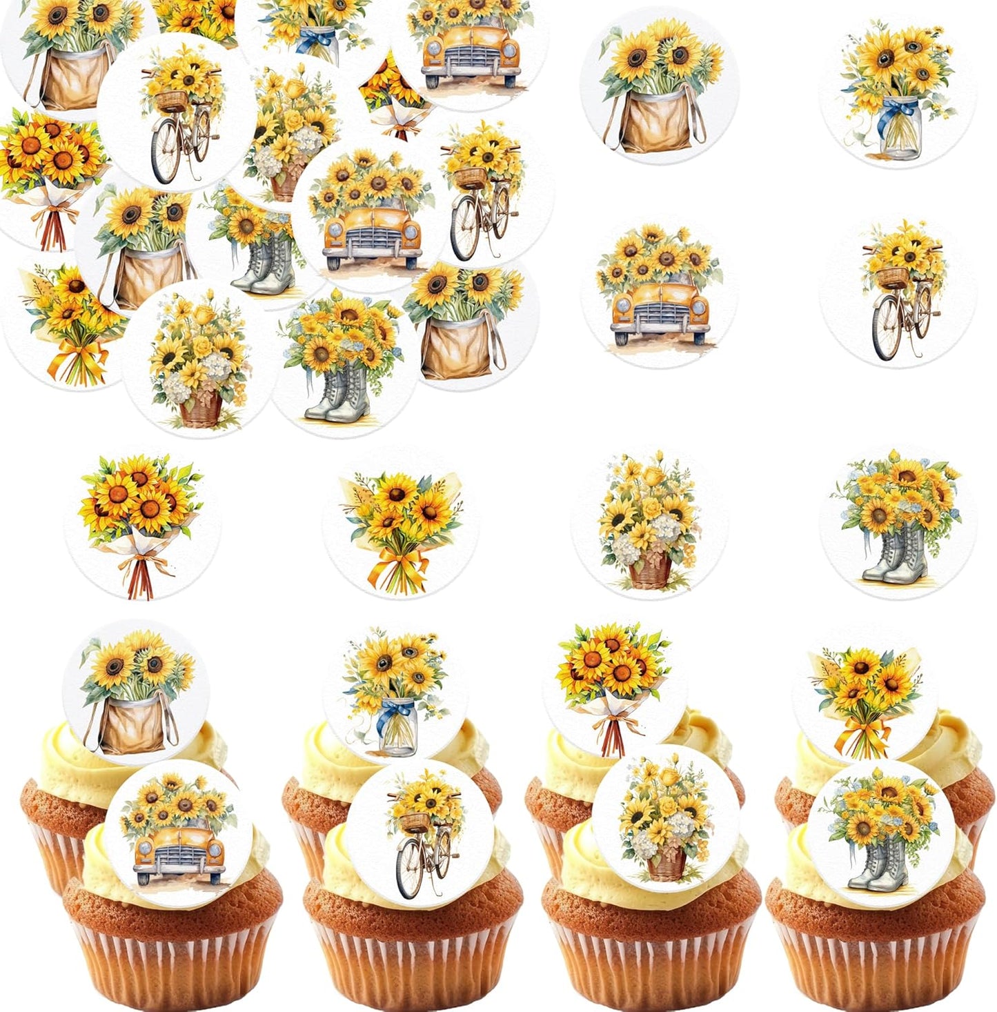 36 Pack Edible Sunflowers Cupcake Toppers Wafer Paper Floiwers Cupcake Picks Edible Yellow Sun Flower Cake Decor for Sunflower Theme Party Wedding Baby Shower Birthday Supplies (Round)
