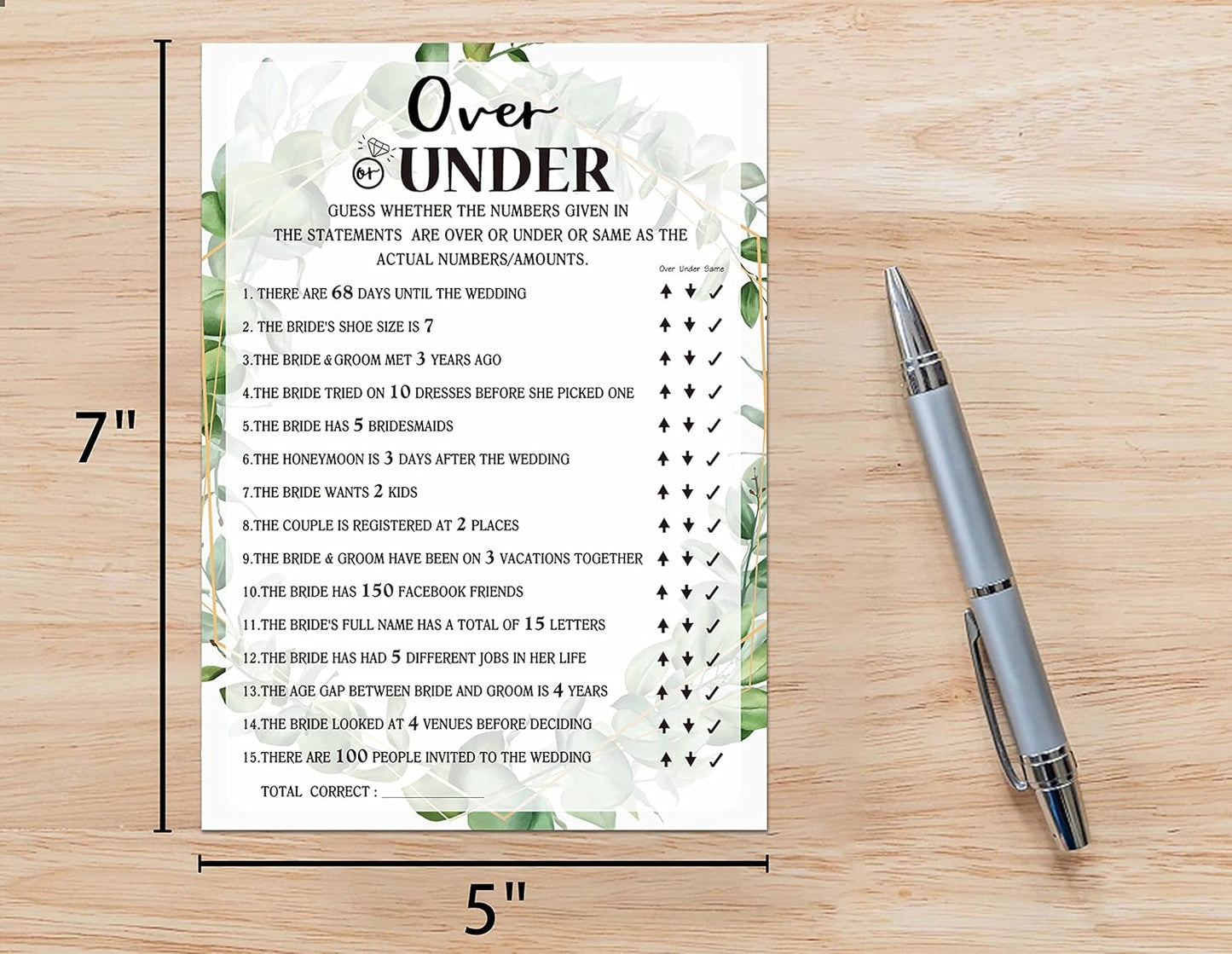 Bridal Shower Game - Over or Under, Tropical Jungle Theme Engagement Party Set of 30 Cards (Leaf009)