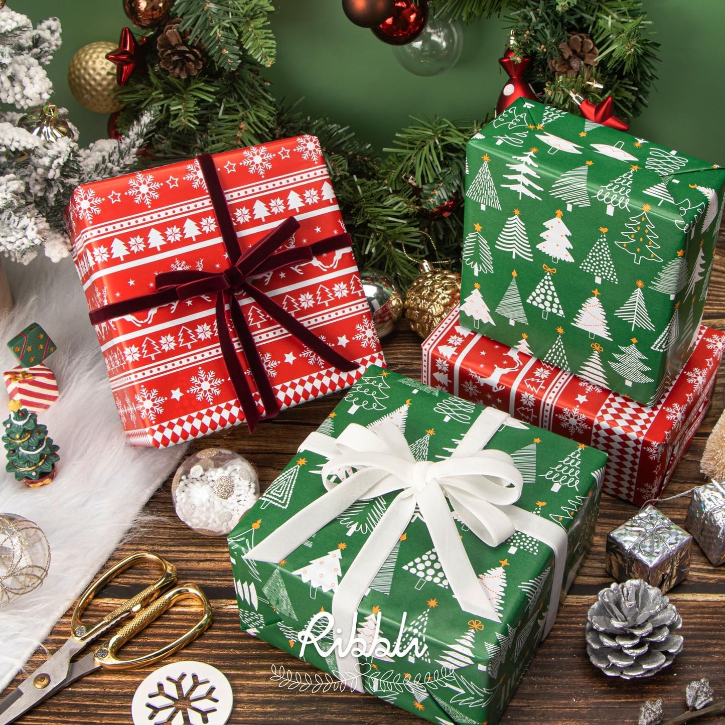 Ribbli Christmas Wrapping Paper Reversible Green Christmas Tree and Red Reindeer Gift Wrapping Paper Rolls Holiday Presents Decoration-17 Inch x 33 Feet