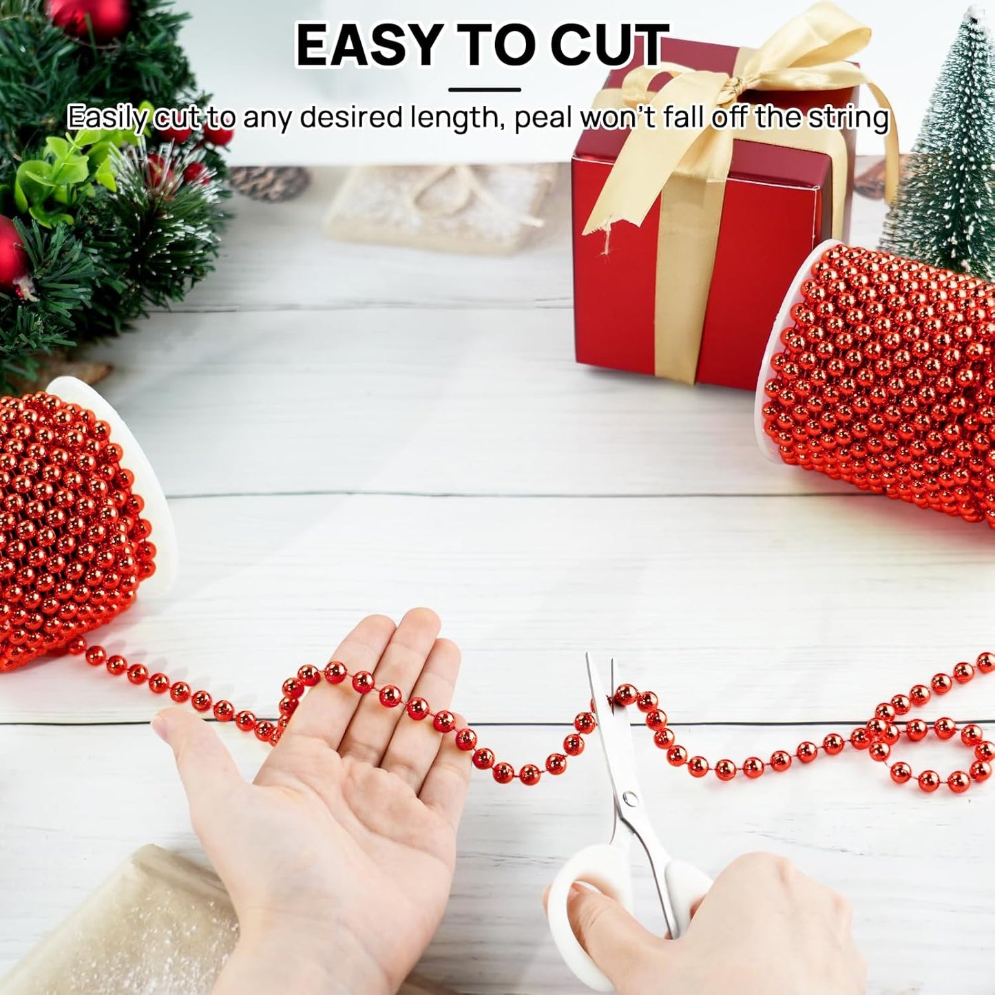 Red 8MM Faux Pearl Garland, 33 Feet Roll Strand Wedding Party Decoration, Christmas Tree Decorations