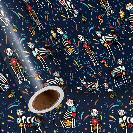 LeZakaa Day of the Dead Wrapping Paper Roll, Colorful Skeleton Dogs Cats with Flowers Music Notes Design in Navy Blue, Día de Muertos Gift Wrap for Friends, Family, Kids, Mini Roll 17 in x 16.4 Ft