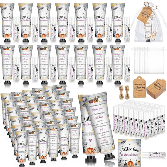 50 Sets 200 Pcs Baby Shower Hand Lotion and Lip Balm Gift Theme Baby Shower Party Favors Travel Size Hand Lotion and Lip Balm Bulk with Organza Bags Tags(Halloween Little Boo)
