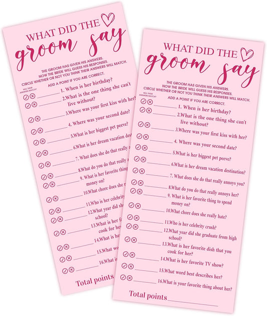 Pink Wedding Shower Games Cards, What Did The Groom Say, 4x9 Inch Bridal Shower Games for 25 Guests, Bride Wedding Receptio Supplies, Bridal Party Supplies Decoration-A07