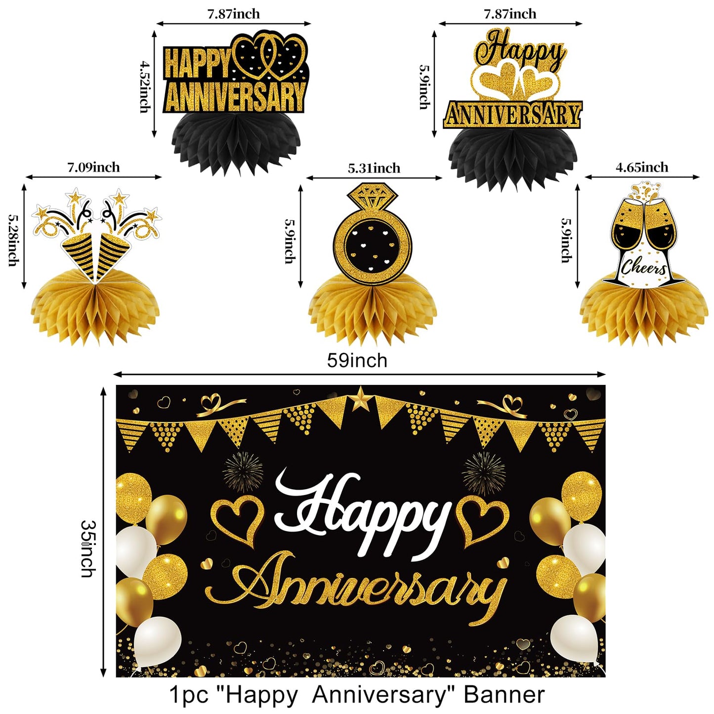 Turypaty Happy Wedding Anniversary Decorations Kit Supplies Black Gold