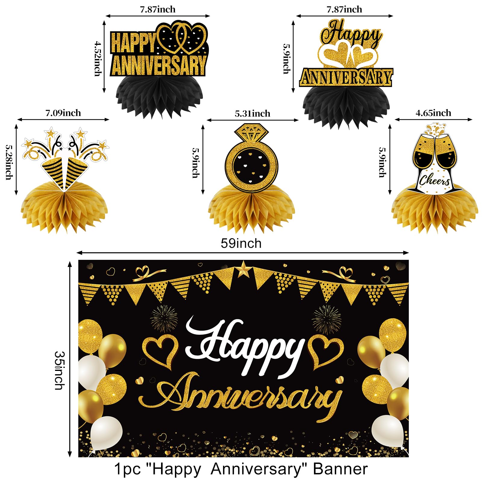 Turypaty Happy Wedding Anniversary Decorations Kit Supplies Black Gold