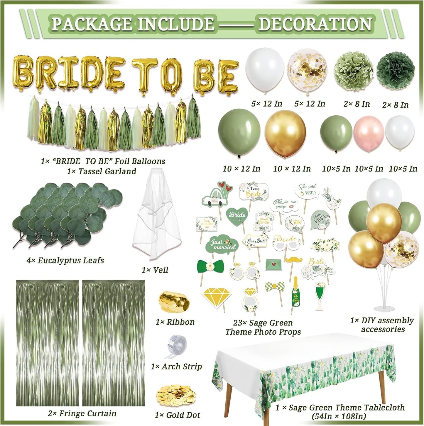 310 Pcs Sage Green Bridal Shower Decorations, Bachelorette Party Decorations Favors - "BRIDE TO BE" Banner, Veil, Balloon, Photo Props, Tableware with Eucalyptus Leaf for 25 Guests