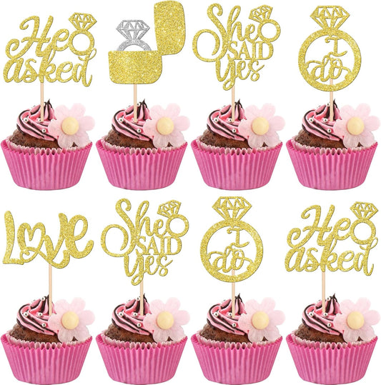 30 PCS He Asked She Said Yes Cupcake Toppers Love I Do Diamond Ring Cupcake Picks for Wedding Enaggement Bridal Shower Party Cake Decorations Supplies Gold
