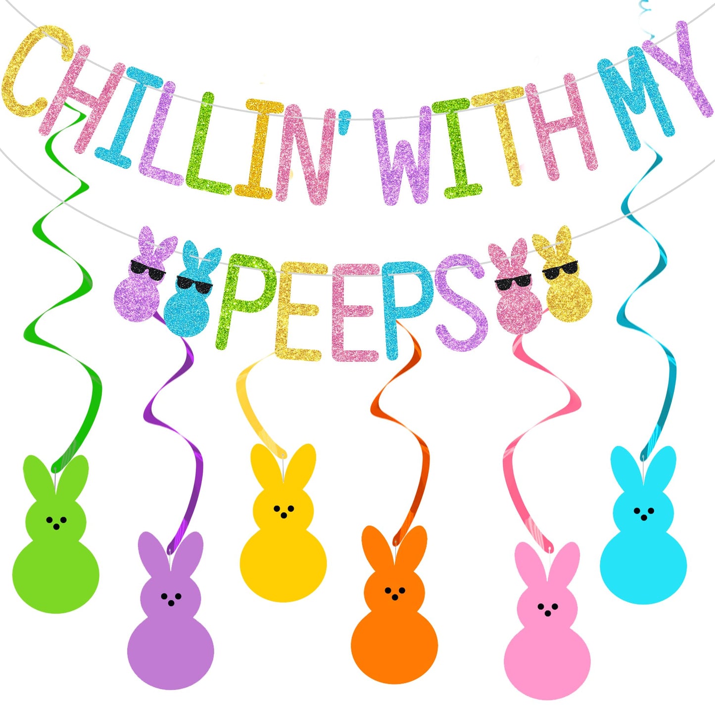 Glitter Chillin with My Peeps Banner with Bunny Hanging Swirls - NO DIY - Easter Party Decorations