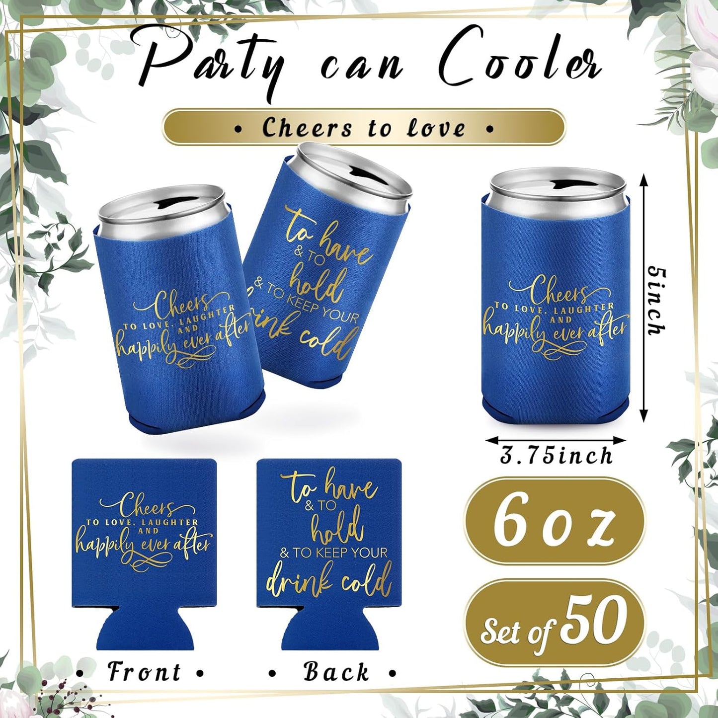 50 Pieces Wedding Can Cooler Bulk Engagement Party Favors for Guests Cheers to Love Laughter and Happily Ever After Rehearsal Dinner Decorations for Wedding Bridal(Blue,Cute)