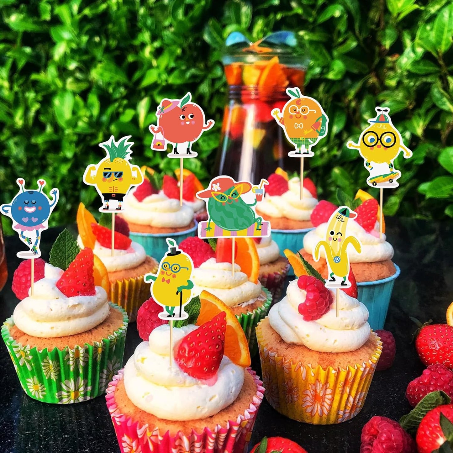 24pcs Fruit Cupcake Toppers Anthropomorphic Fruit Theme Kawaii Watermelon Apple Banana Lemon Pineapple Strawberry Cupcake Picks for Kid Baby Shower Summer Decorations