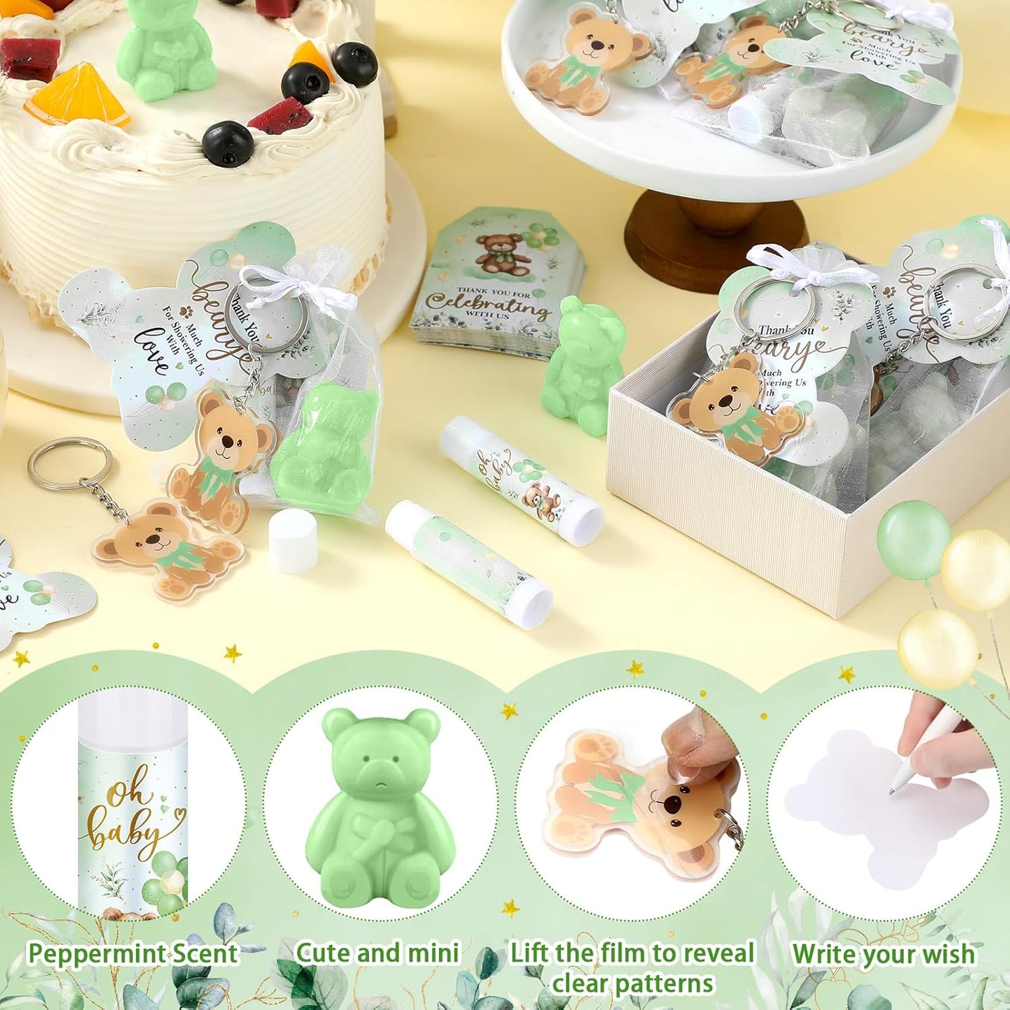 288 Baby Shower Favors Baby Shower Gifts Bulk Lip Balms Soaps Keychains Organza Bags Guest Appreciation Gift with Thank You Tags and Cards for Boys Girls Guest Gift(Green,Bear)