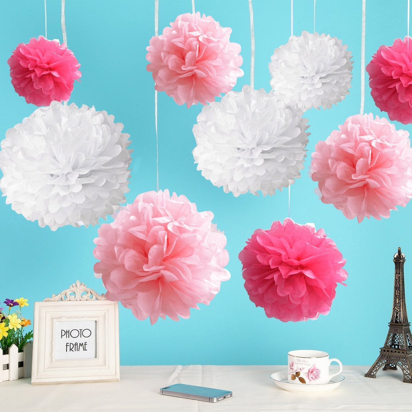 10pcs White Tissue Hanging Paper Pom-poms, Hmxpls Flower Ball Wedding Party Outdoor Decoration