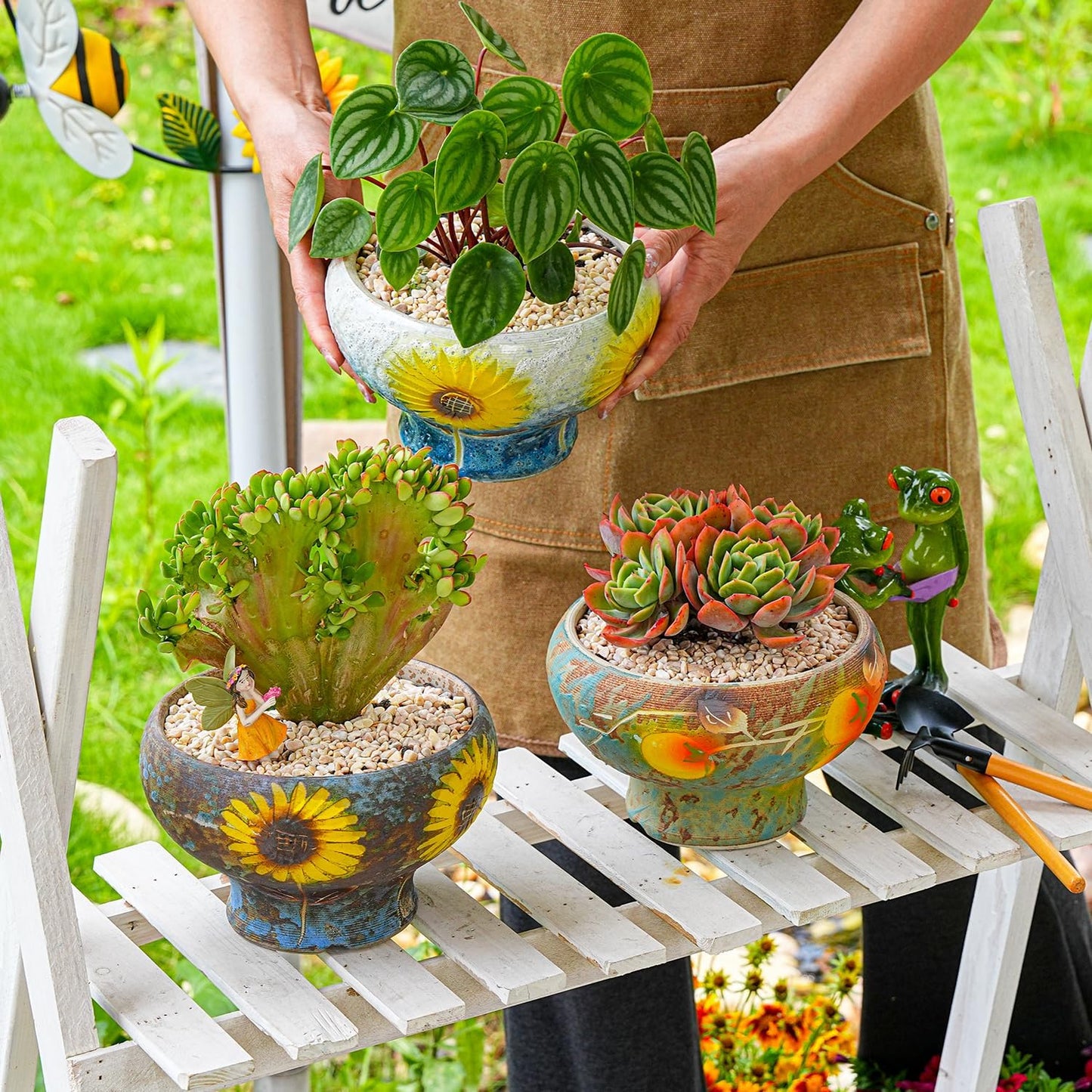 Sungmor Small Succulent Planters Set of 2, Beautiful Hand Crafted Ceramic Plant Pots Cute Cactus Pot, 6.5 Inch Flower Pots for Indoor Plants with Drainage, Desktop Windowsill Home Office Decor Pots