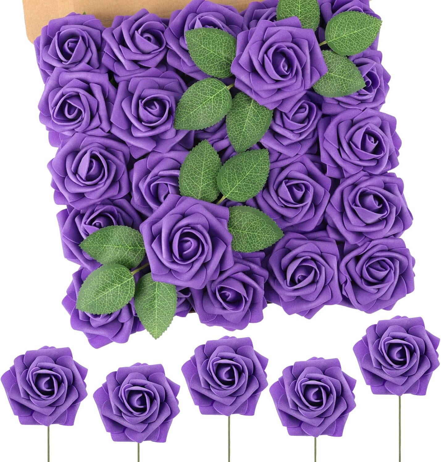 N&T NIETING Fake Flowers Purple Roses, 50Pcs Artificial Flowers Foam Roses with Stems for DIY Wedding Bridesmaid Bridal Bouquets Centerpieces Party Home Decoration Baby Showe