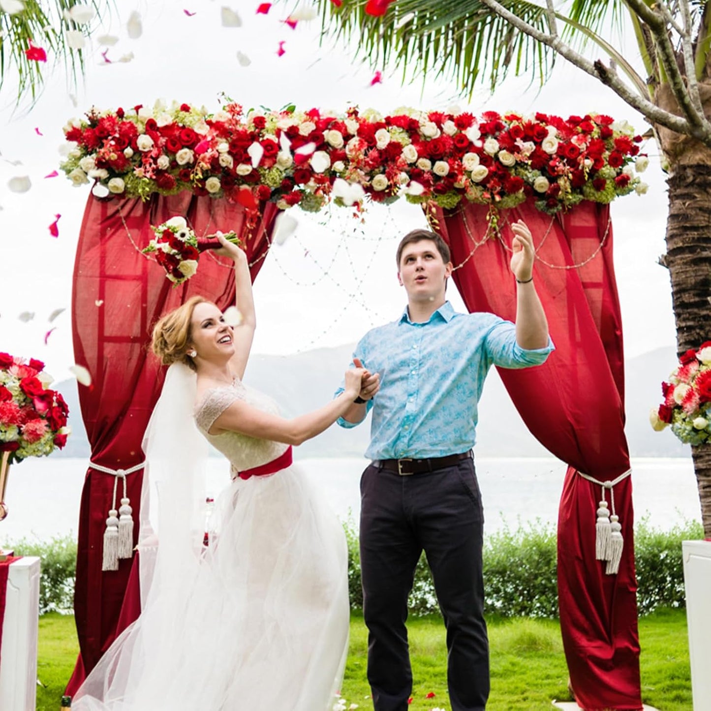 VOK Red Wedding Arch Draping Fabric 29in x 18Ft 4 Panels Sheer Chiffon Curtain Drapes Extra Long for Outdoor Wedding Ceremony Birthday Party Decoration