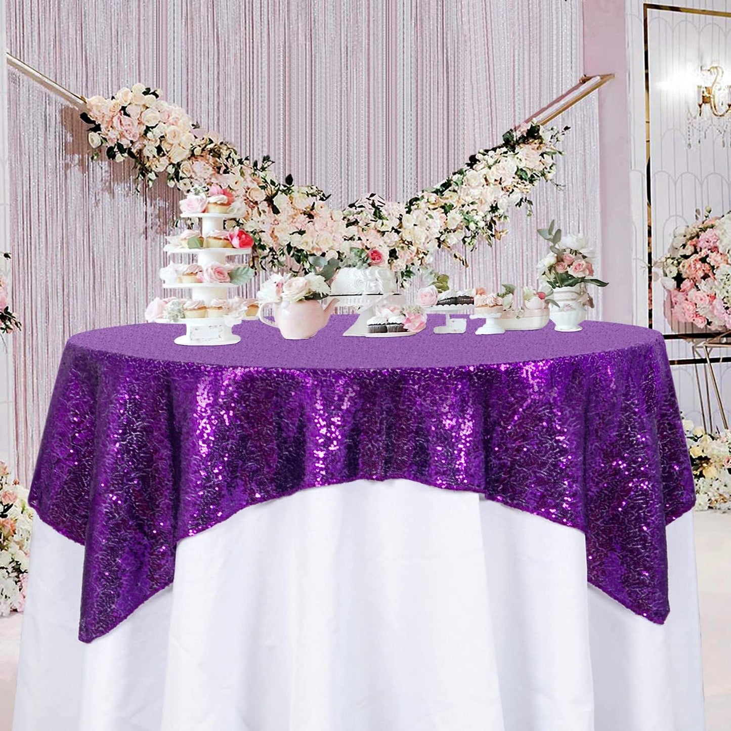 ShinyBeauty Sequin Tablecloth - Square 54x54-Inch Purple Glitter Tablecloth for Round Table - Wedding & Party