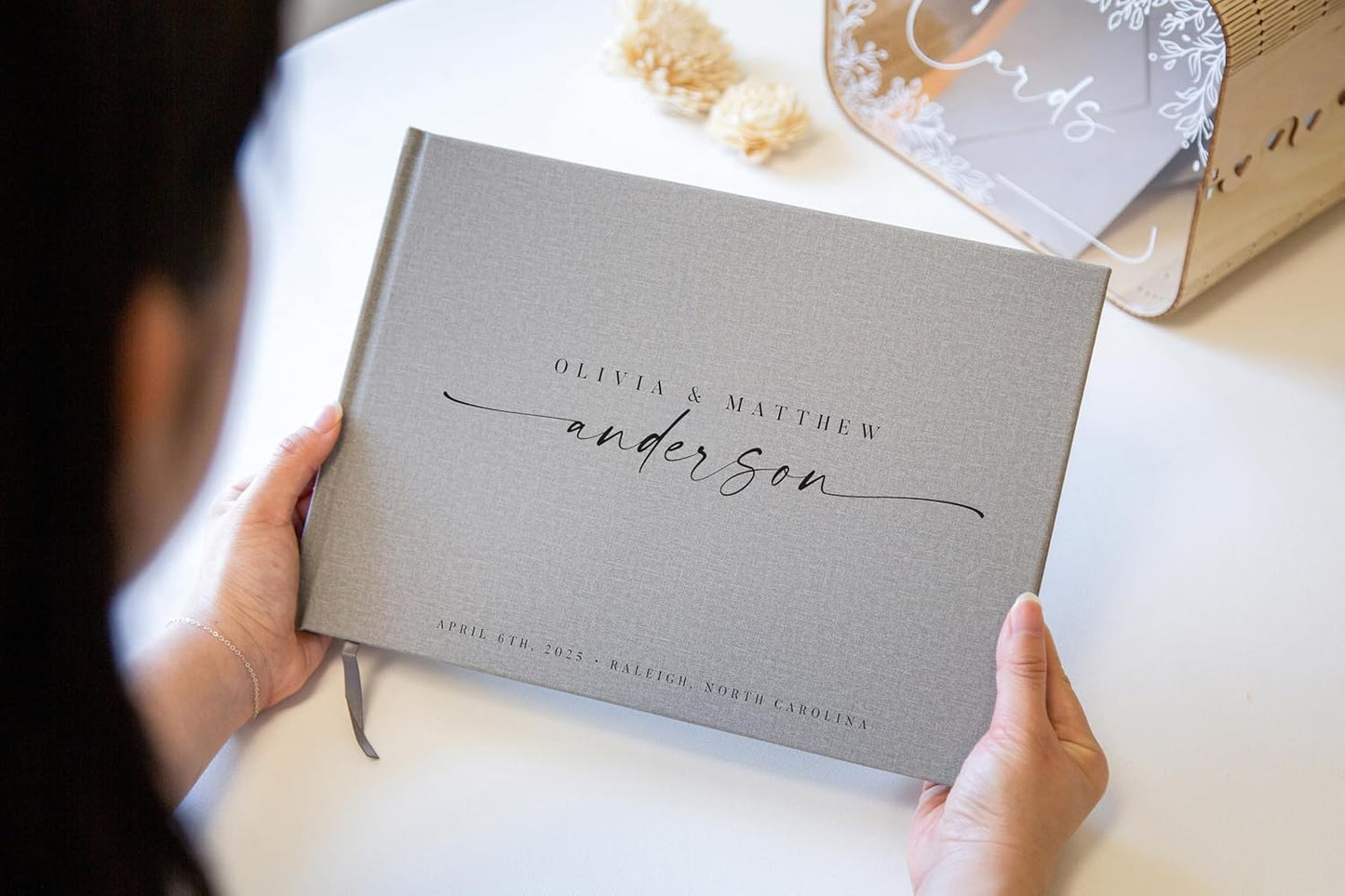 Personalized Guest Book - 11.5" x 8.5" Custom Bride & Groom Names with Bookmark and Hard Cover 140 GSM Blank Pages, for Weddings Guest Book, Engagements, Birthdays, Special Events, Gray