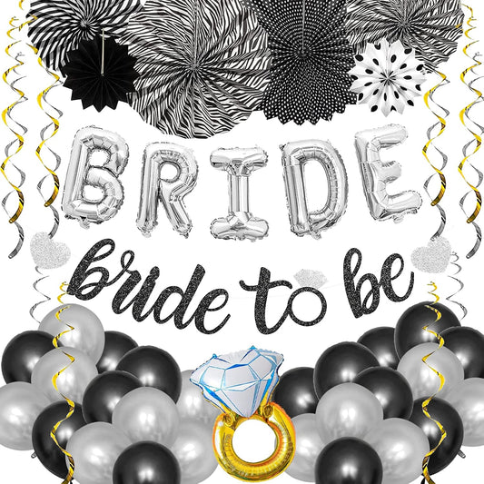 Black Silver Party Decorations - Bridal Shower Decorations Set Bachelorette Party Supplies with Bride to Be Banner,Bride Foil Balloon,Diamond Ring Foil Balloon,Paper Fan Hanging Swirl