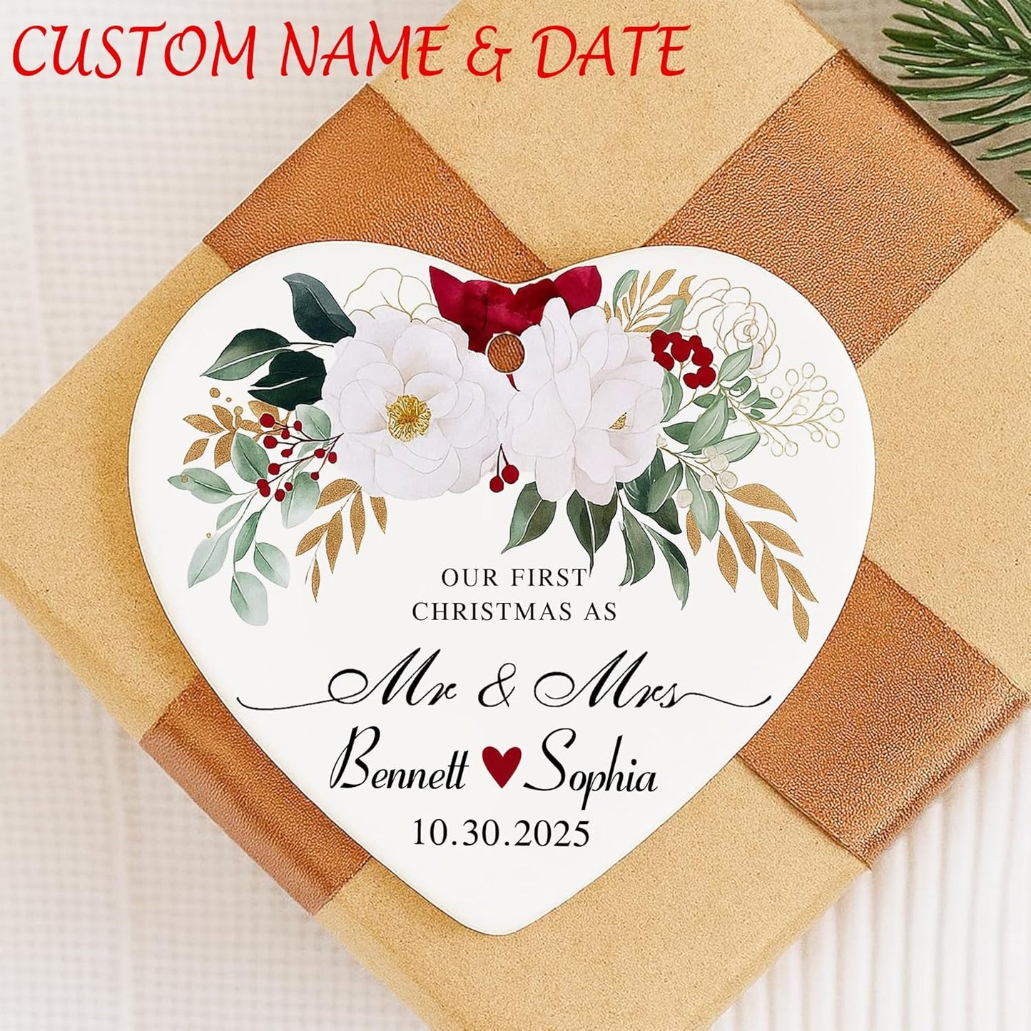 Love Signal Personalized Married Ceramic Ornament, Our First Christmas As Mr Mrs 2025 Ornaments, Custom Gift for Wedding Newlyweds Engaged Couple Christmas