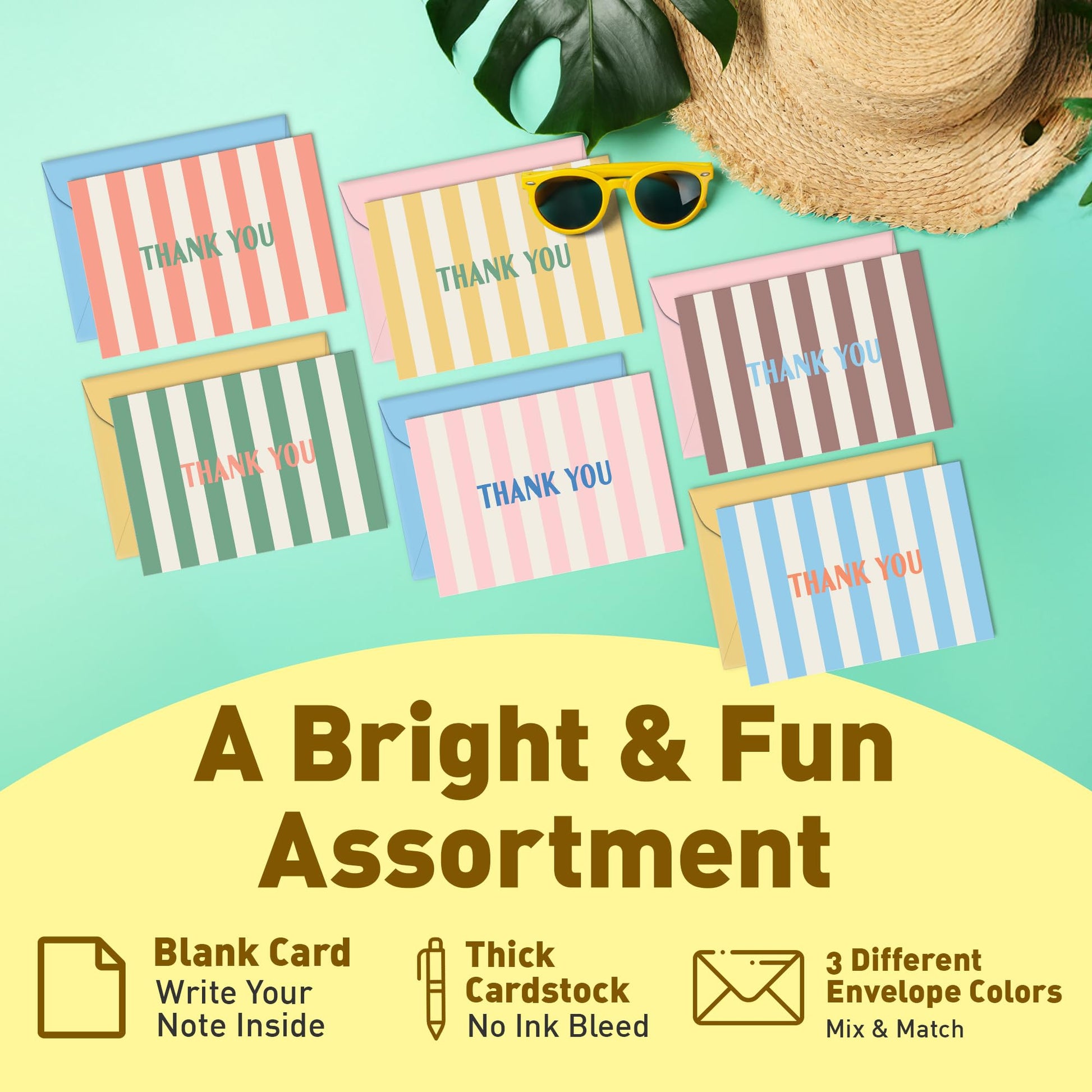 Sweetzer & Orange Summer Stripes Thank You Cards – Set of 24 Blank Cards with Envelopes – 6
