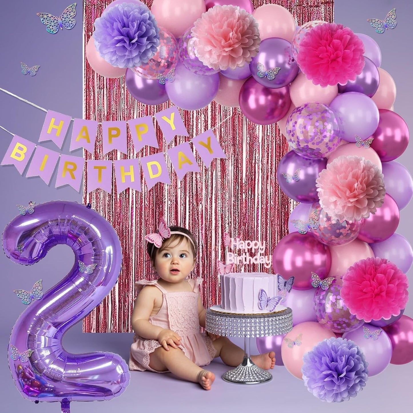 Pink Purple 2nd Birthday Party Decorations for Girls Number 2 Balloon Happy Birthday Banner Butterfly Stickers Fringe Curtain Paper Pom Poms Metallic Hot Pink Star Foil Balloons Baby 2 Year Old Decor