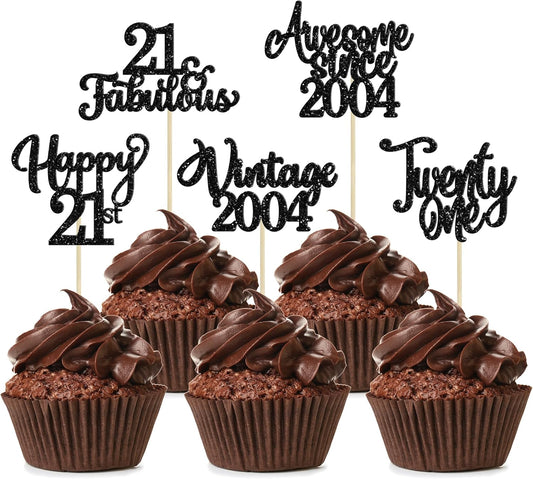30Pcs Happy 21st Birthday Cupcake Toppers Glitter Awesome Since 2004 Twenty-one 21 Fabulous Vintage 2004 Cupcake Picks for 21st Birthday Anniversary Retirement Party Cake Decorations Supplies Black