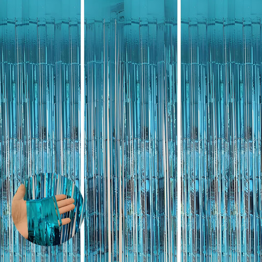 Keyali 3 Pack 3.3 * 8.3 ft Foil Curtain Metallic Tinsel Fringe Curtains Photo Booth Props Backdrop for Birthday Wedding Engagement Baby Shower Christmas Holiday Celebration Partyl,Light Blue