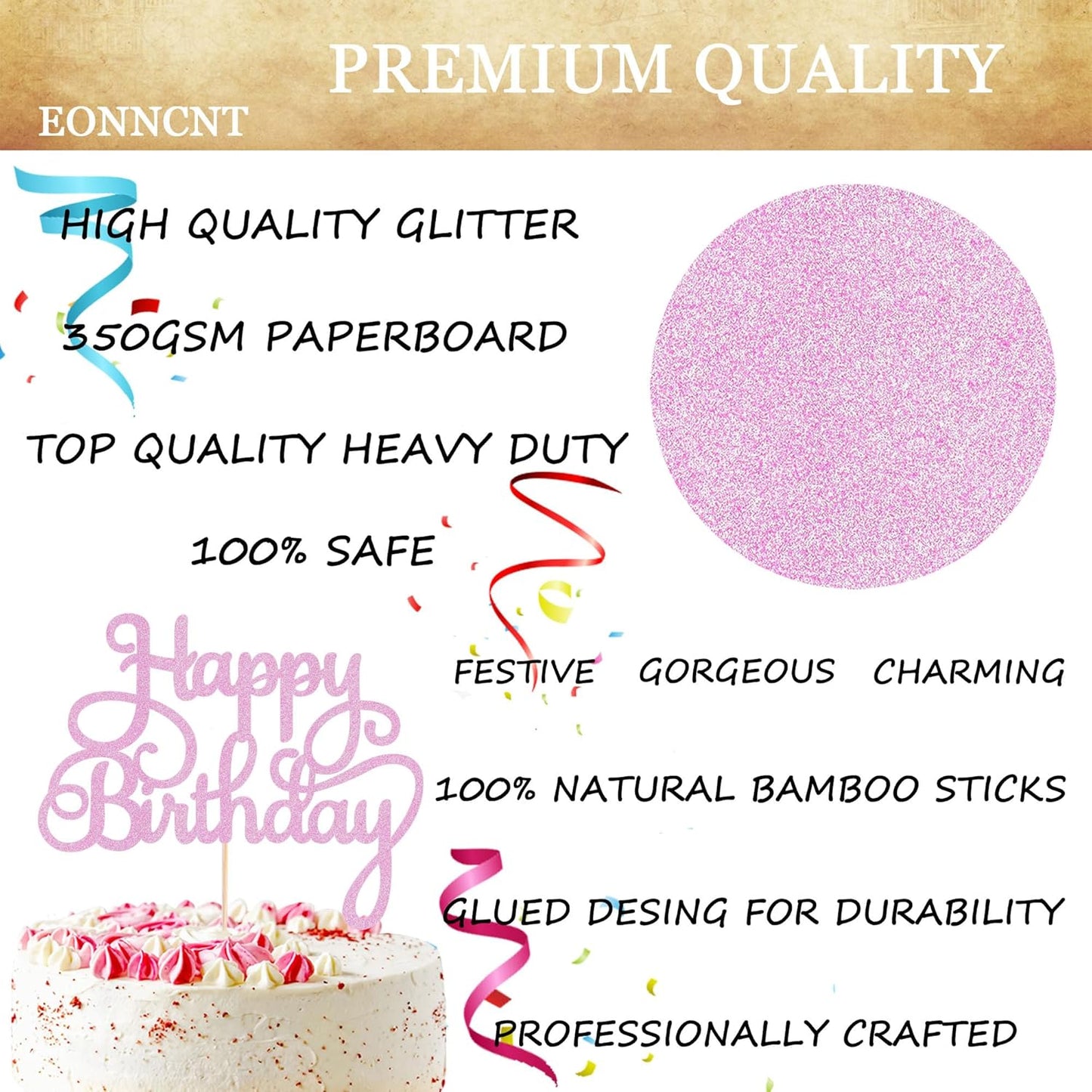 Happy Birthday Cake Topper - Pink Glitter Birthday Party Cake Decoration Supplies - Happy Birthday Cake Decor, for Anniversary/Birthday Party Supplies Photo Booth Props