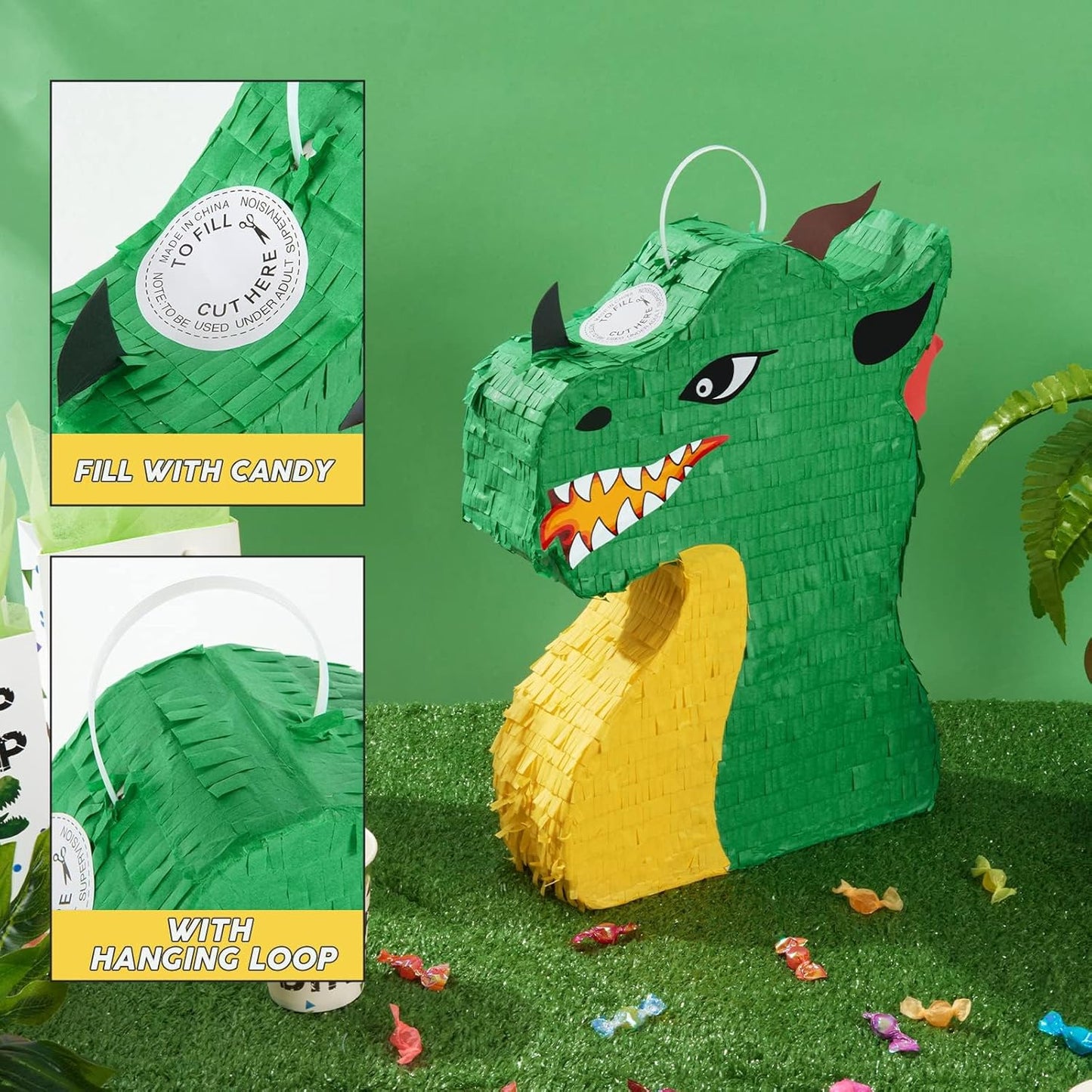 WERNNSAI Dragon Piñata - Dinosaur Party Supplies Dino Piñata Bundle with Blindfold and Stick for Boys Kids Dragon Theme Birthday Party Game Decorations (15.5" x 10" x 3")