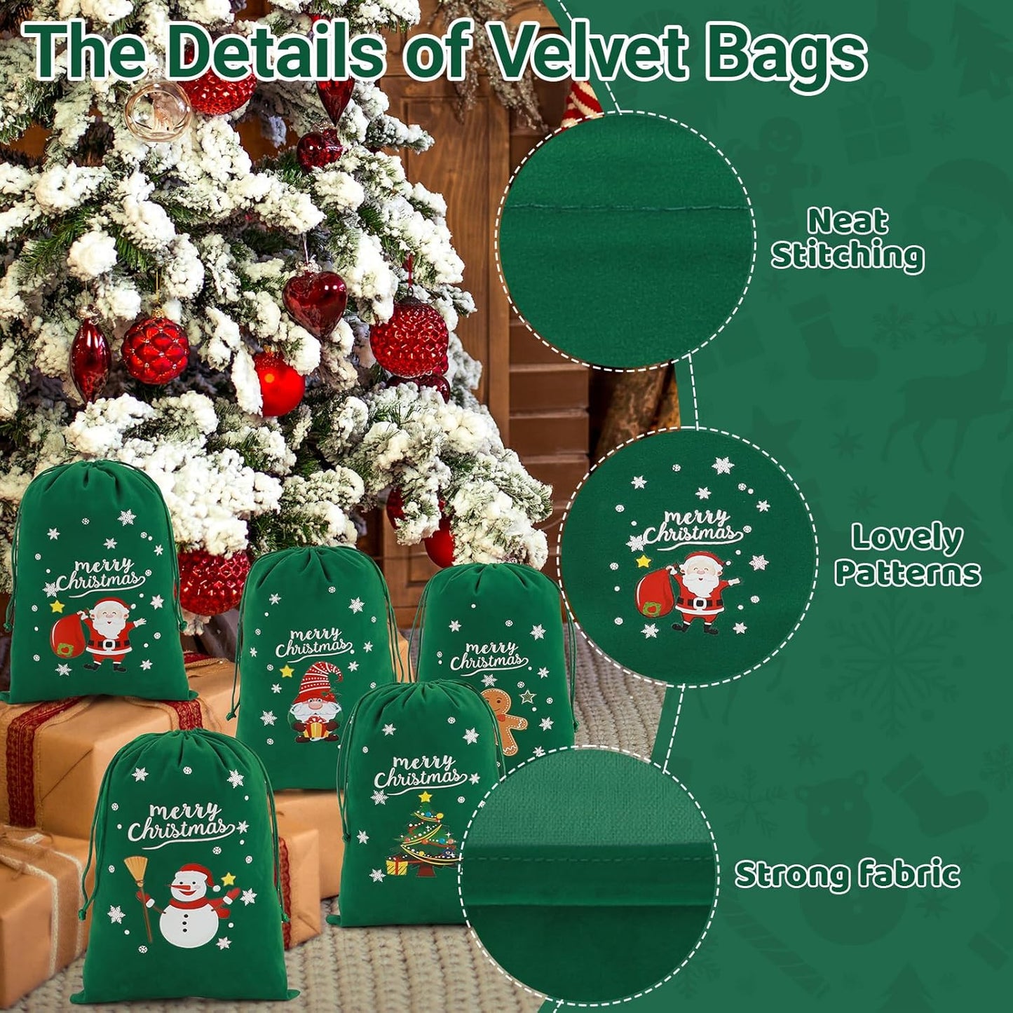 Tapleap Coth Christmas Bags with Drawstring - 50Pcs 7x10 Green Velvet for Small Bussiness Wrapping Christmas Party Favors or Gifts for Friends, Coworkers