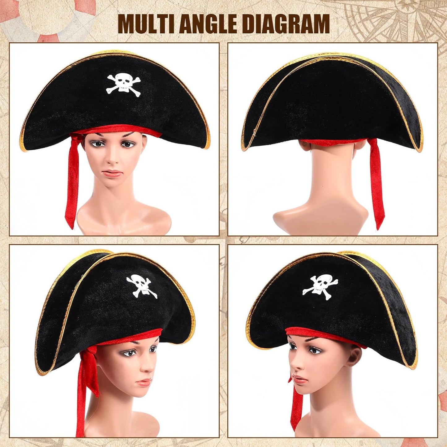 Hsei Pirate Hat Pirate Accesseries Hats for Adult Captain Caps with Skull Print for Masquerade Cosplay, Funny Party Supplies
