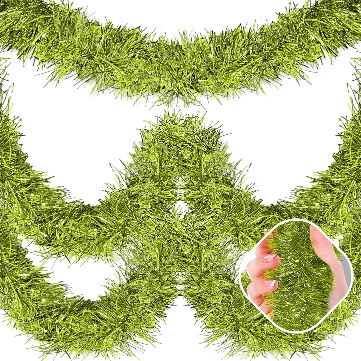 50 Feet Light Green Christmas Tinsel Garland, Metallic Foil Twist Garland Wall Hanging Tinsel Banner Backdrop for Parade Floats, Easter, Mother's Day, Wedding Party Decorations (2in x 50ft)