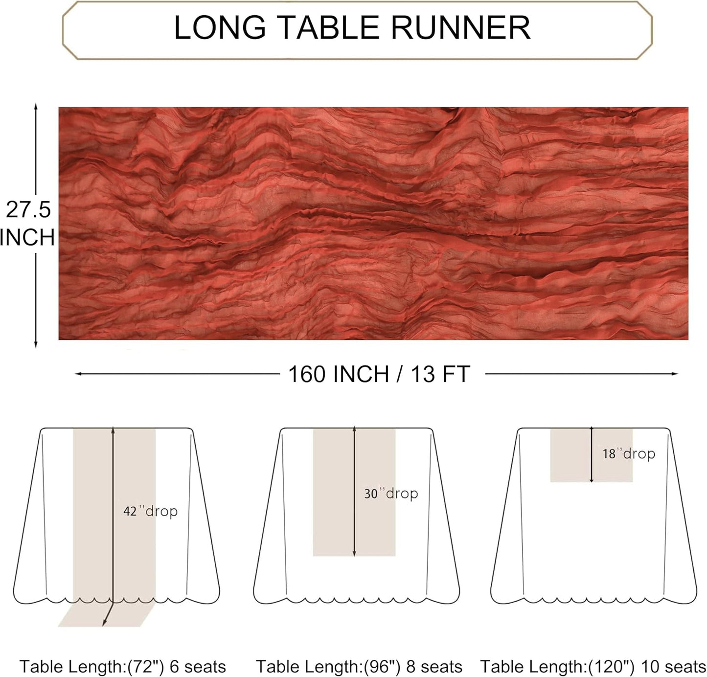 Snowkingdom 6PCS 13Ft Terracotta Cheesecloth Table Runner Bulk, 160inch Long Rust Cheese Cloth Boho Gauze Runner for Wedding Bridal Shower Rustic Sheer Fall Thanksgiving Table Decorations