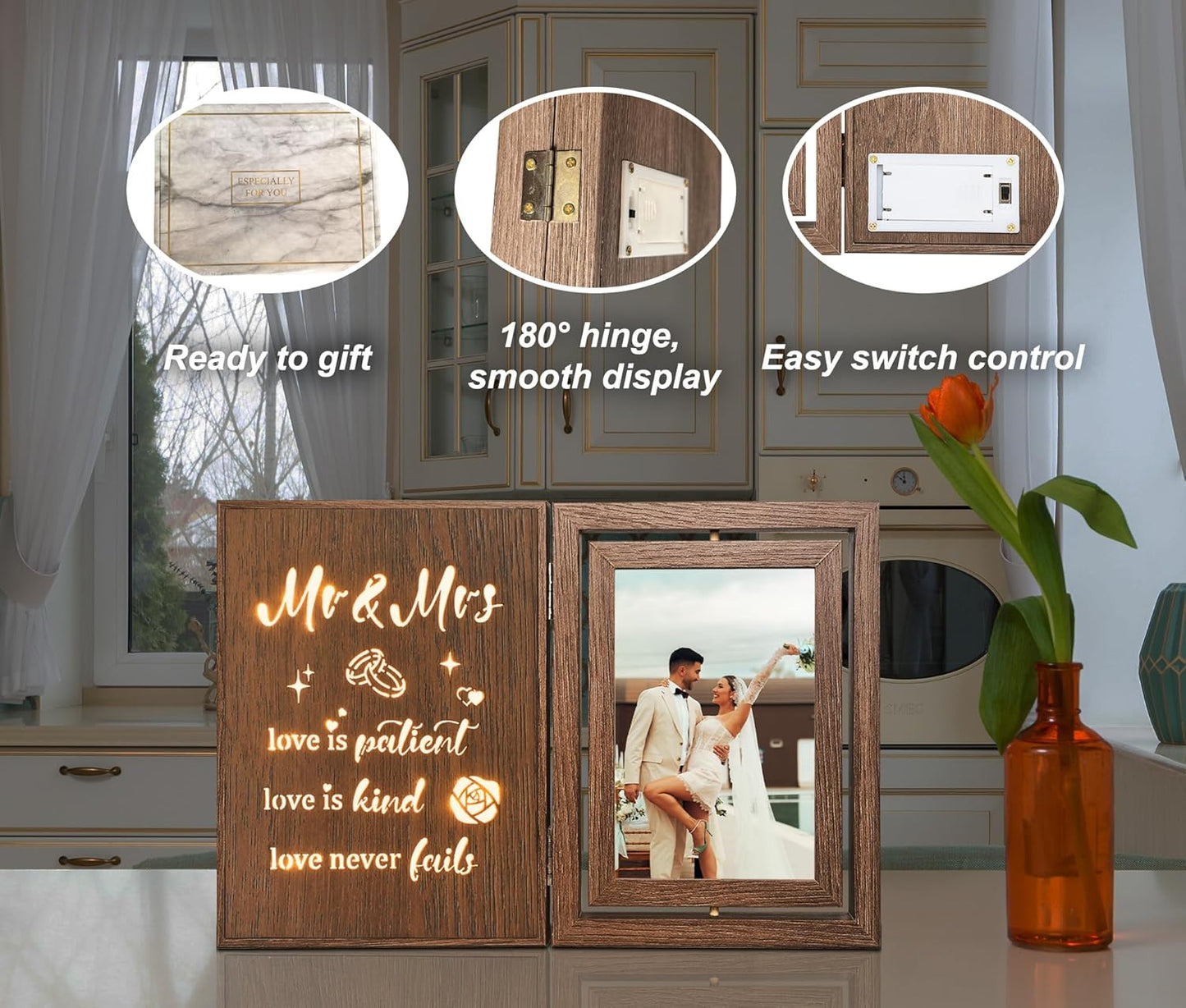 Light Up Wedding Picture Frame for Couples – Wooden Rotating Glowing 4x6 Double Photo Frame with MR & MRS Quote, Rustic Wedding Gifts for Newlyweds & Bridal Shower Gifts