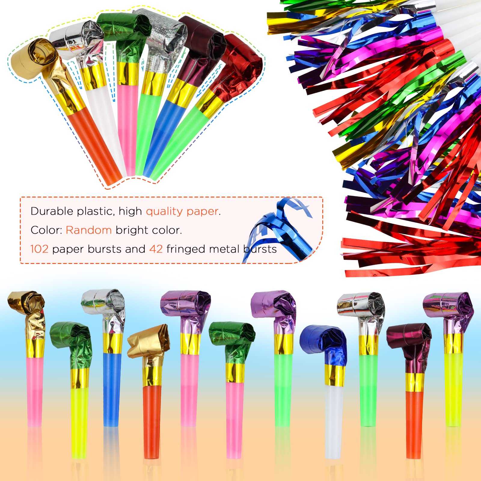 WEOXPR 144Pcs Noisemakers Blowouts Horns Bulk, 2 Styles (Paper + Fringed Metallic) Party Blowers