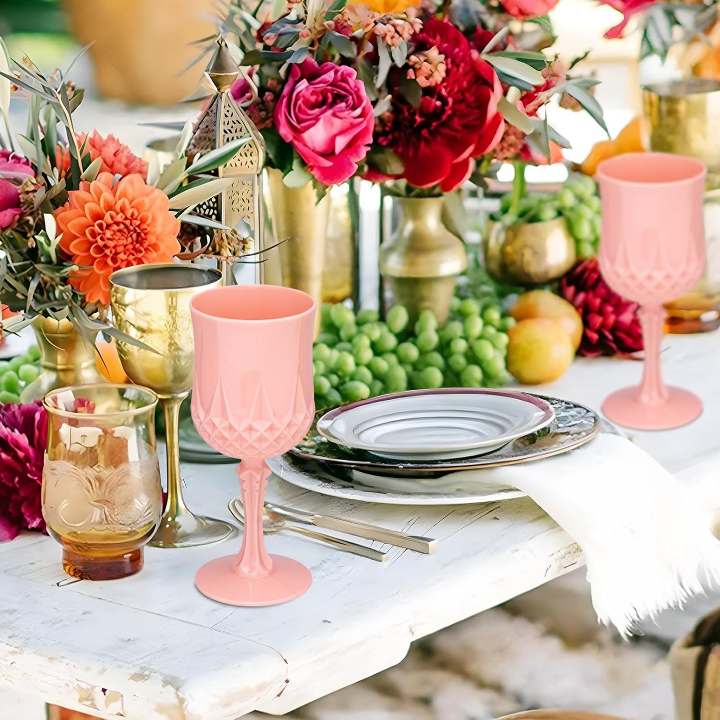 Plastic Vintage Wine Glasses 7OZ Plastic Goblets Vintage Drinking Glasses 24PCS Retro Wedding Glassware Water Goblets Reusable Drinking Cups for Party,Reception,Celebration,Bar,Whiskey(Light Pink)