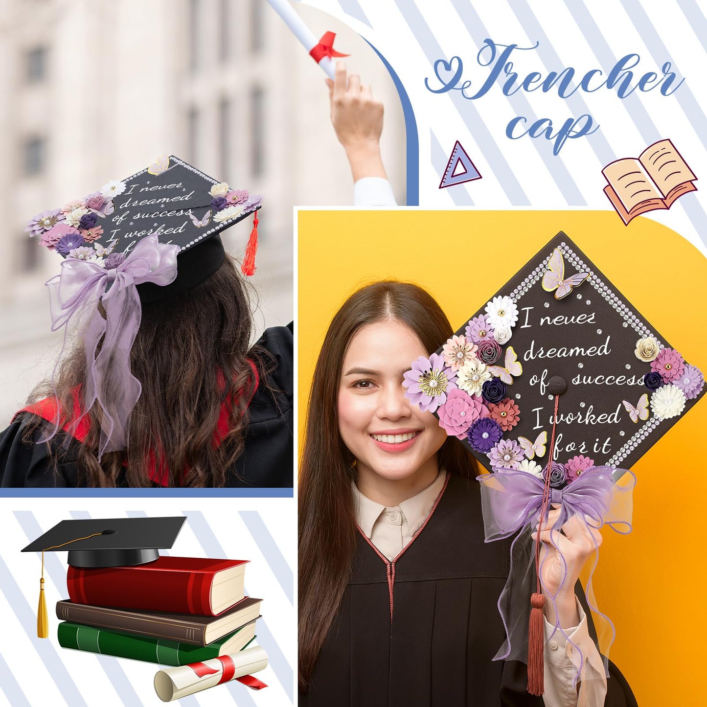 MotiMind 46 Pcs DIY Graduation Cap Decorations Kit Included Paper Flowers, 3D Butterfly Stickers