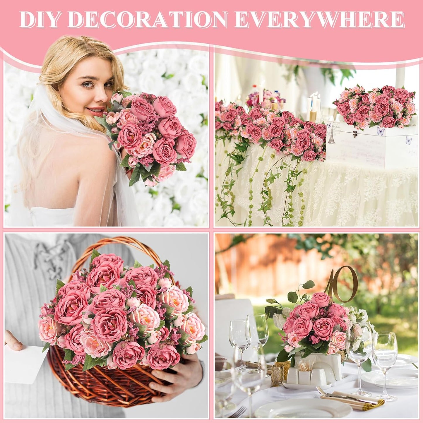 8 Bundles Artificial Peonies Flowers Boho Faux Flowers Arrangements Artificial Centerpiece Spring Bouquet Floral Wedding Decoration for Vase(Dark Pink)