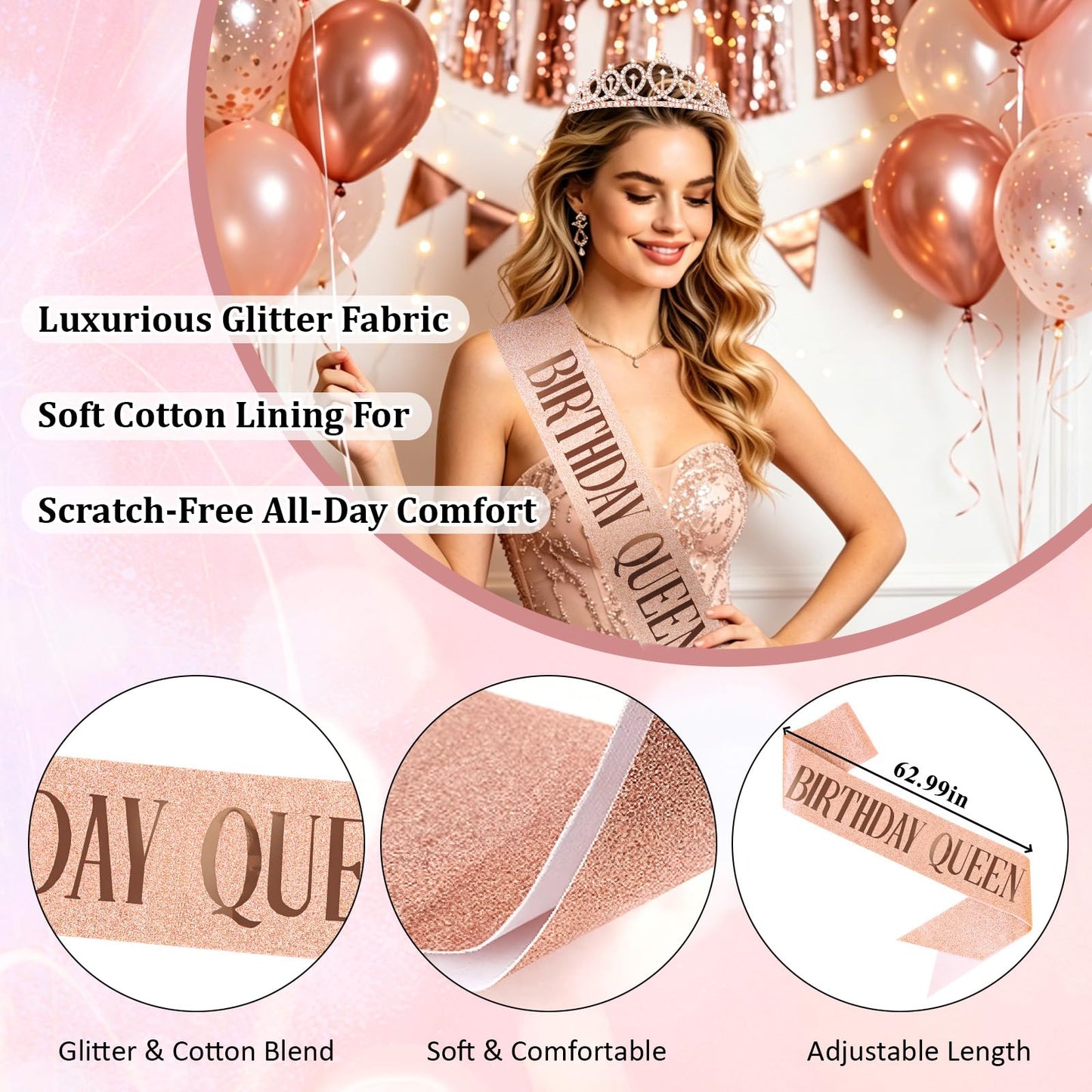 CAVETEE Rose Gold Rhinestone Tiara with Glitter Birthday Queen Sash, Birthday Party Decorations for