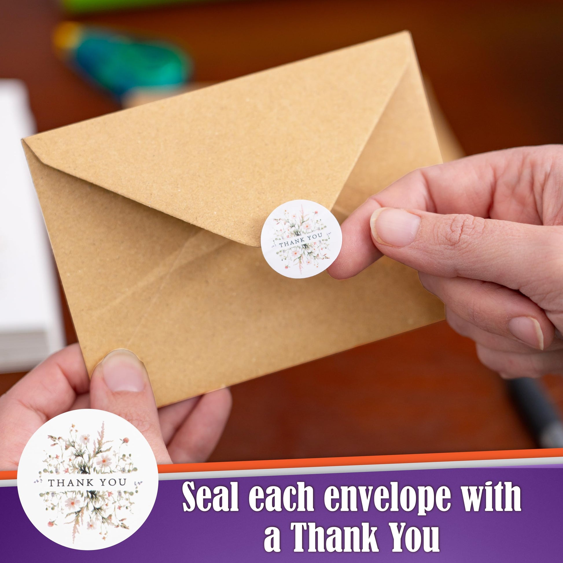 52-pack Floral Thank You Cards Bulk with Kraft Envelopes & Matching Stickers, 3.5x5 Inches, 6