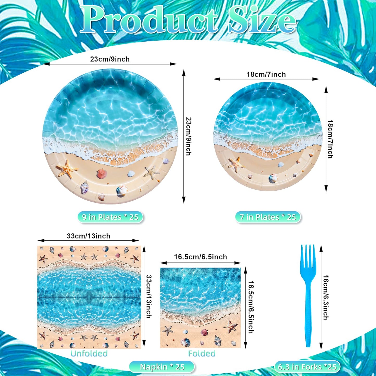 100 Pieces Beach Party Tableware Set – Ocean Wave Disposable Plates, Napkins and Forks, Seashell