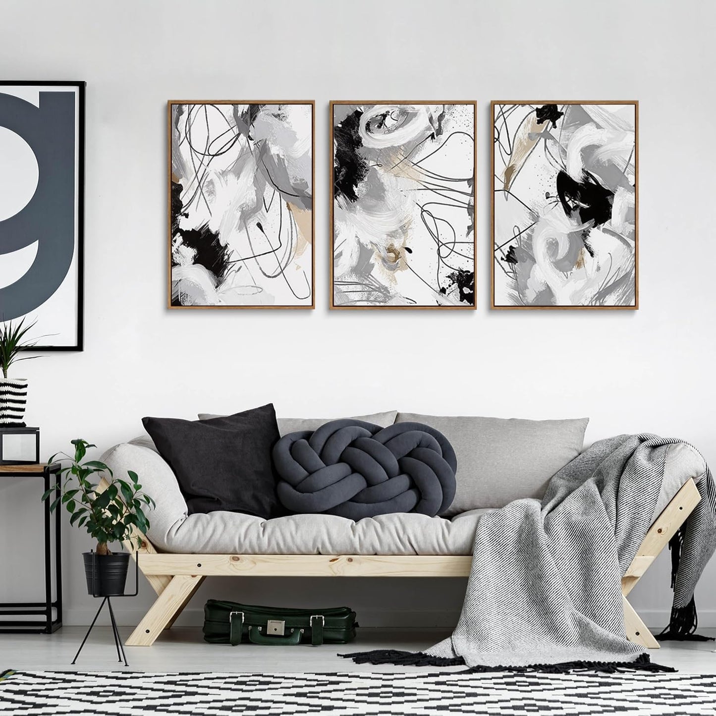 myusuar 3 Piece Large Modern Abstract Canvas Framed Wall Art For Living Room, Black And White Lines Minimalist Wall Art Decor Posters Prints For Bedroom Office, 12x16in